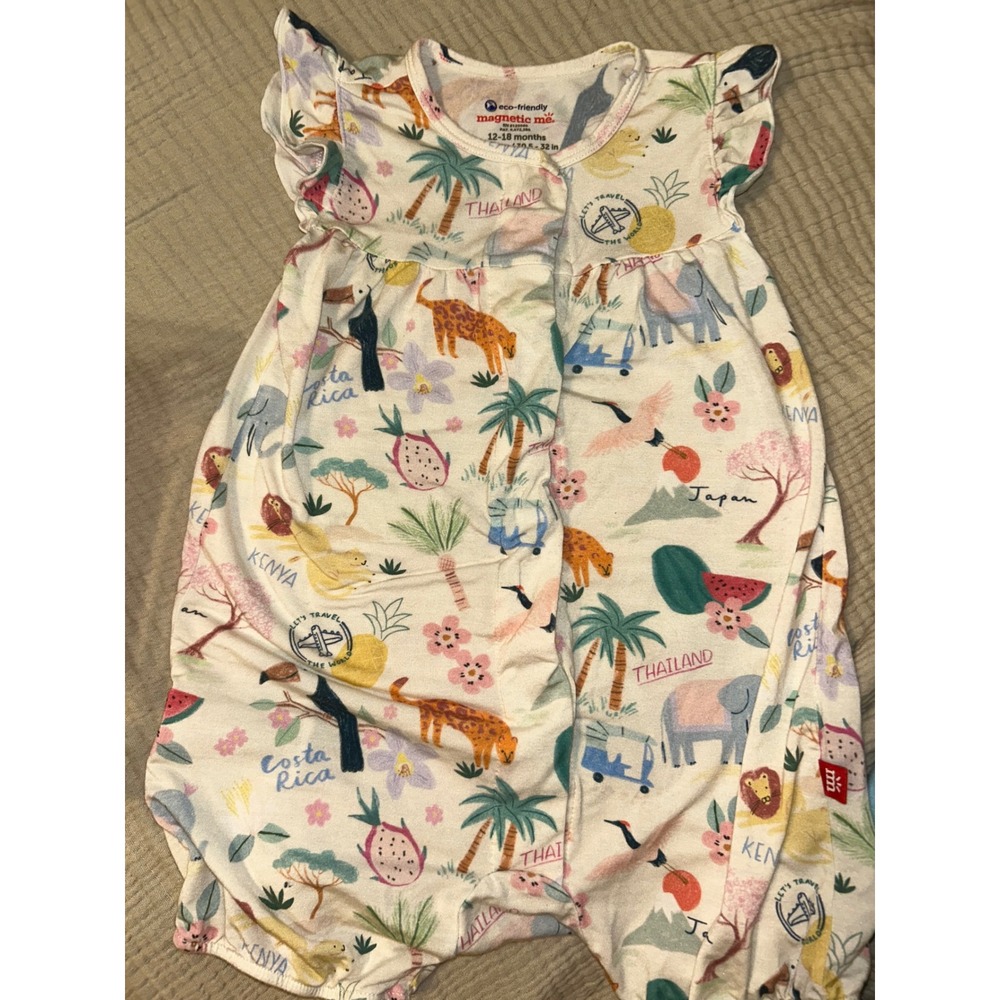 Magnetic Me Travel Print Modal Magnetic Romper 12-18 Months Flutter Sleeve